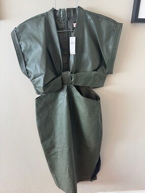 Eva Franco Olive Green Faux-Leather Midi Dress